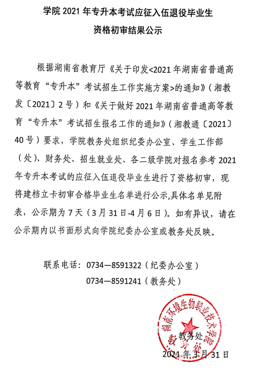 2021年湖南環(huán)境生物職業(yè)技術(shù)學院退役士兵專升本畢業(yè)生名單(圖1)